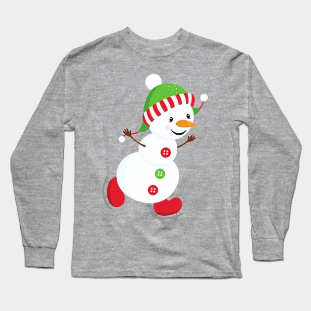 Ice Skating Snowman, Carrot Nose, Christmas, Xmas Long Sleeve T-Shirt by Jelena Dunčević